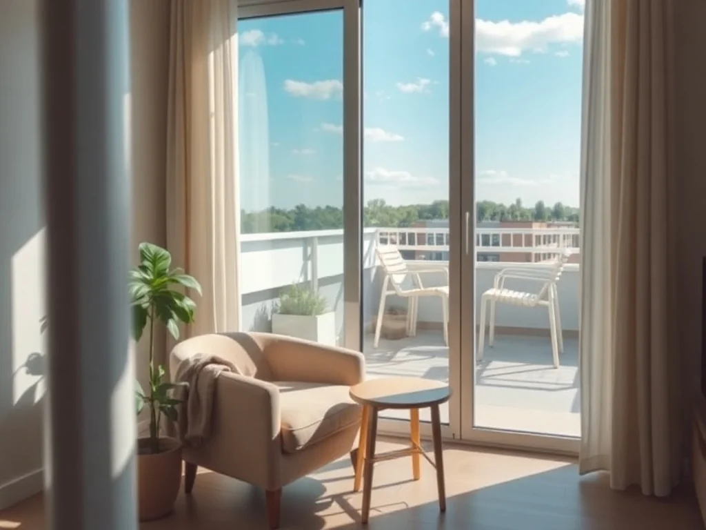 Przytulny salon w nowoczesnym mieszkaniu z dużymi drzwiami balkonowymi i widokiem na balkon z krzesłami oraz panoramę miasta.
