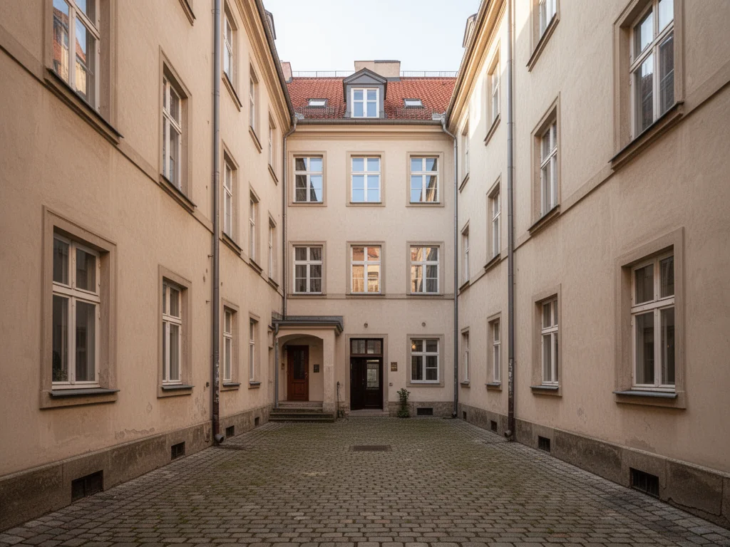 Dziedziniec kamienicy prowadzący do spokojnej oficyny, z brukiem, bocznymi elewacjami i tylnym budynkiem mieszkalnym.