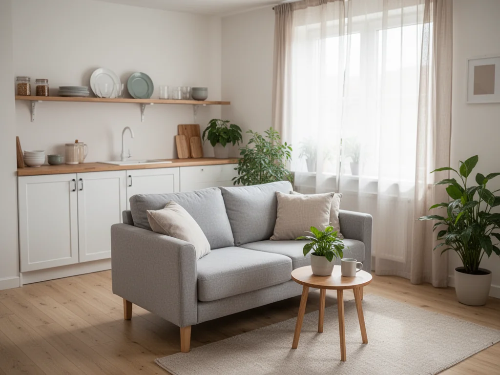 Mały, jasny salon z aneksem kuchennym w stylu skandynawskim, z szarą sofą, okrągłym stolikiem i roślinami.