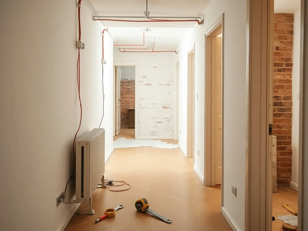 Wyremontowana klatka schodowa kamienicy z nową instalacją i narzędziami, w tle widoczne trwające prace modernizacyjne.