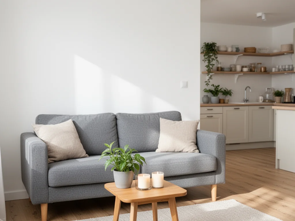 Jasny, przytulny salon z minimalistycznym wystrojem, gotowy do wynajmu, podkreślający neutralne, uniwersalne aranżacje.