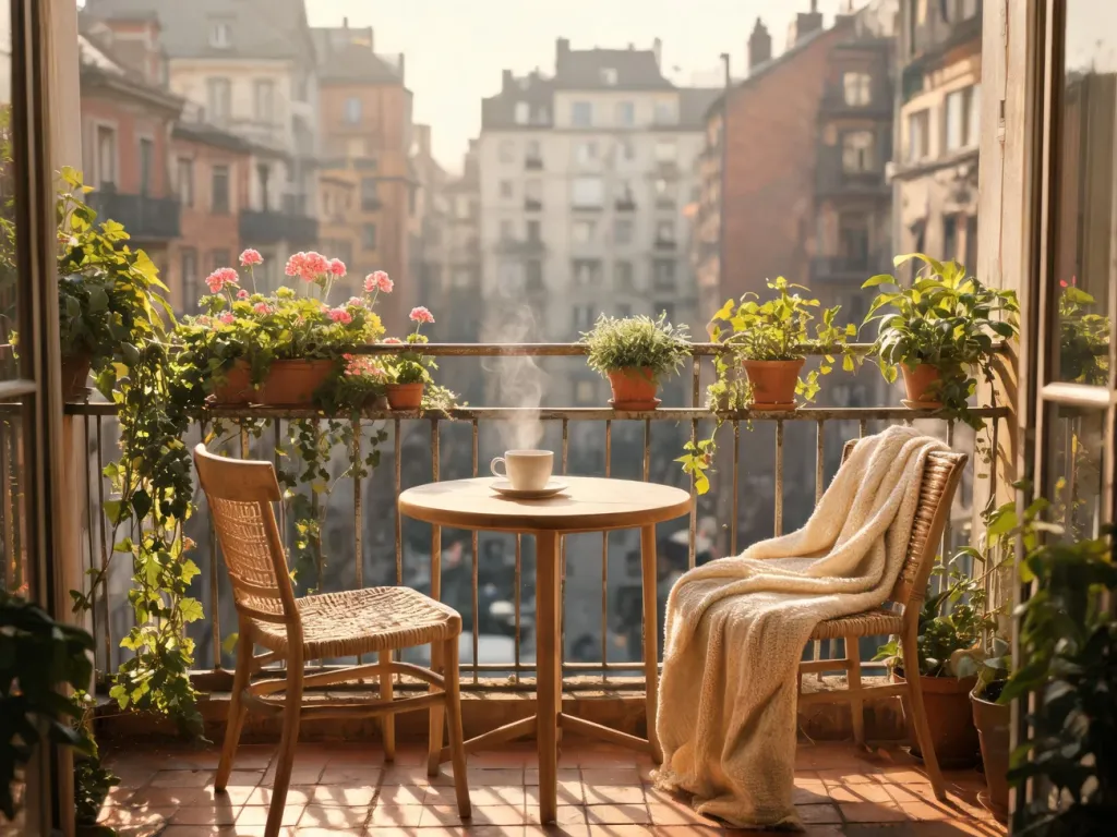Mały balkon w kamienicy z okrągłym stolikiem, dwoma krzesłami, kawą i roślinami, tworzący przytulny kącik na poranną kawę.