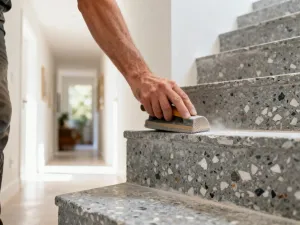 Nowoczesna kuchnia bez szafek wiszących z marmurowym blatem, otwartymi półkami i jasną, minimalistyczną zabudową.