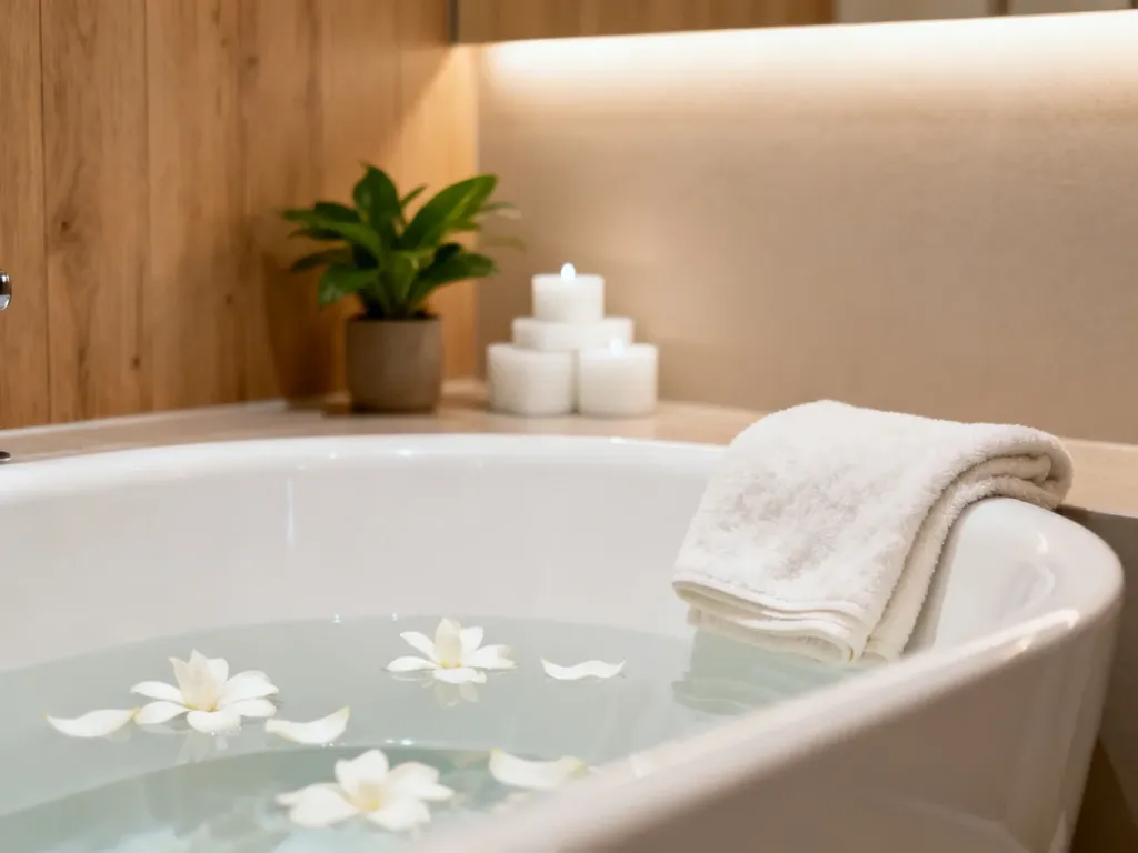 Minimalistyczna łazienka w stylu spa z białą wanną, płatkami kwiatów i ciepłym oświetleniem, tworząca atmosferę relaksu.