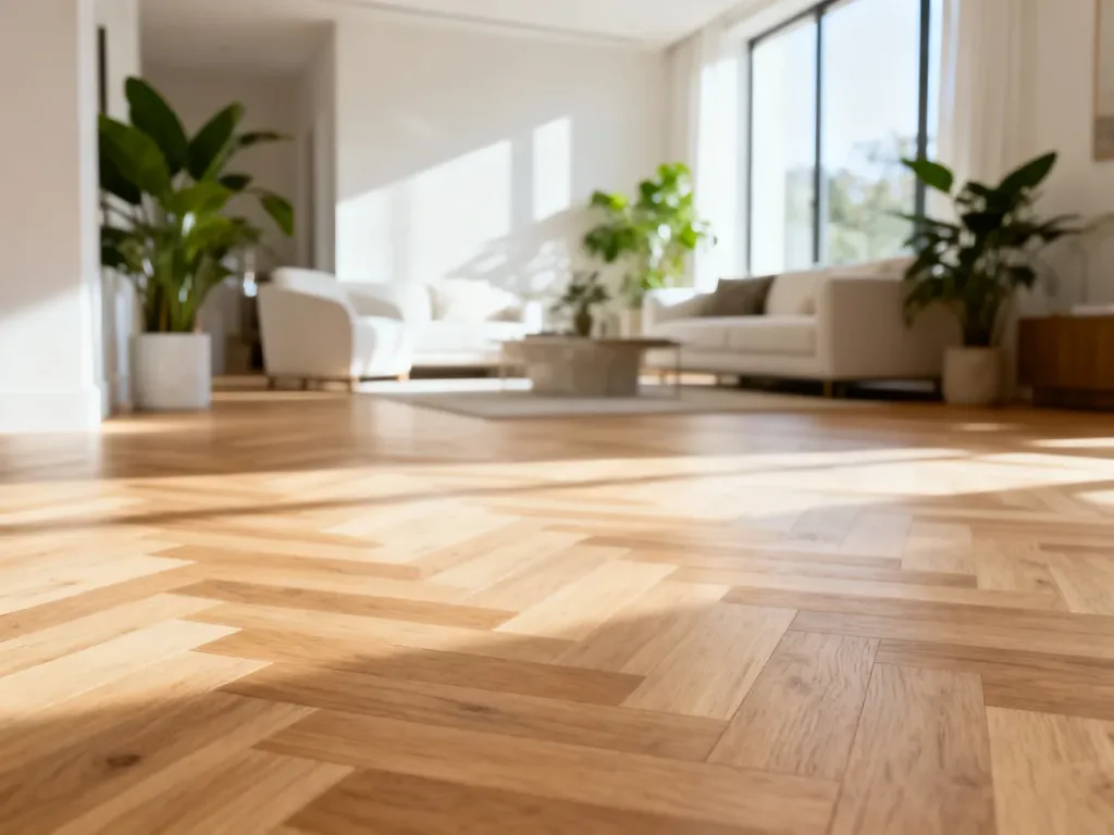 Jasny salon z nowoczesnym parkietem w jodełkę z jasnego dębu, podkreślający przytulny i elegancki charakter wnętrza.