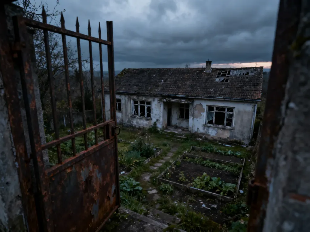 Opuszczony, niszczejący dom z zarośniętym ogrodem i uchyloną bramą, obrazujący ryzyka związane z nieużytkowanymi budynkami.