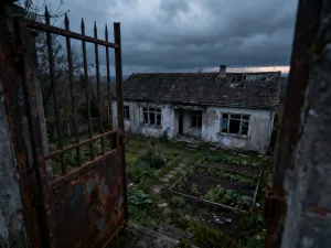 Nowoczesny dom z garażem w bryle budynku w otoczeniu ogrodu o zachodzie słońca.