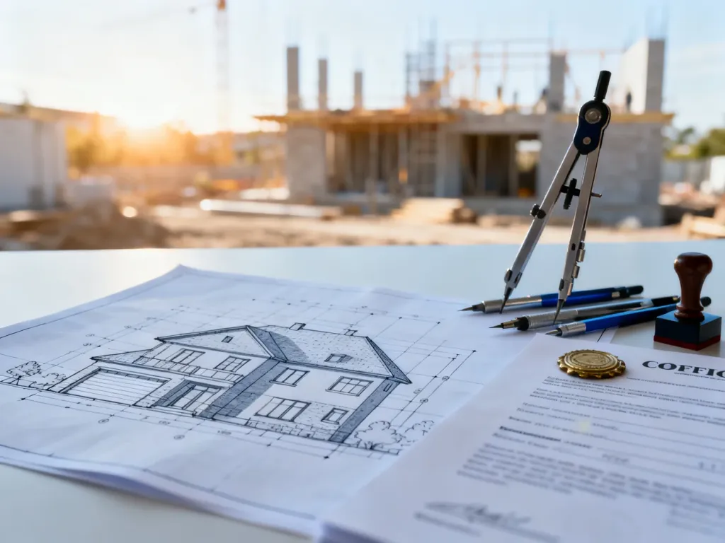 Plany architektoniczne i oficjalne dokumenty z pieczęcią na biurku budowlanym w tle placu budowy.