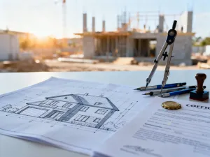 Projekt techniczny przebudowy domu z planami architektonicznymi i cyrklem na drewnianym stole w tle placu budowy.