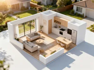 Nowoczesny salon w minimalistycznym stylu z designerską sofą, marmurowym stolikiem i widokiem na zielony ogród.