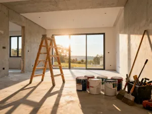 Profesjonalne plany architektoniczne na drewnianym stole z widokiem na działkę budowlaną w tle.