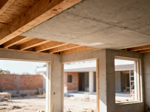 Makieta architektoniczna nowoczesnego szeregowca z elementami zieleni na tle planów budowlanych.