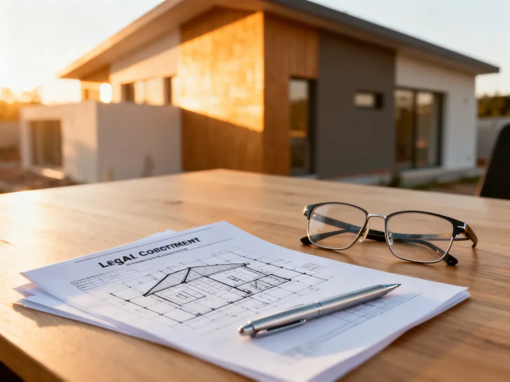 Projekt architektoniczny i pozwolenie na budowę na biurku, w tle nowoczesny dom w świetle zachodzącego słońca.