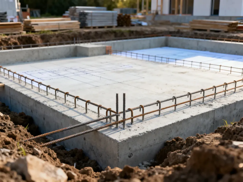 Projekt techniczny fundamentów domu z widocznym zbrojeniem płyty betonowej na placu budowy.