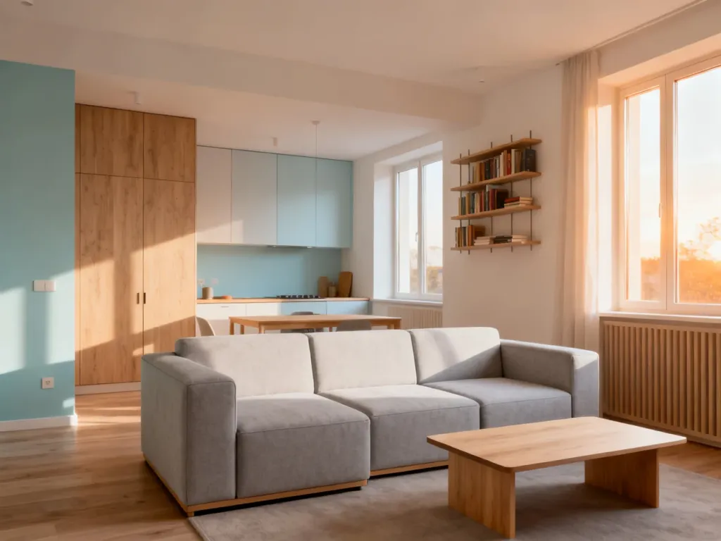 Jasny, minimalistyczny salon w mieszkaniu 35 m² z wielofunkcyjną sofą, drewnianym stolikiem i praktycznymi półkami na ścianie.