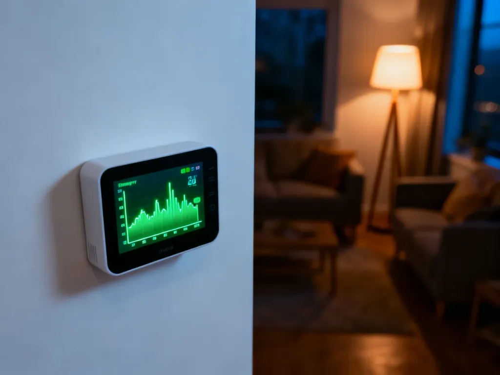 Nowoczesny monitor energii na ścianie wyświetlający wykresy zużycia prądu w przytulnym salonie.