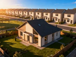 Wizualizacja nowoczesnego domu w budowie z planami architektonicznymi, miarką i ołówkiem na pierwszym planie.
