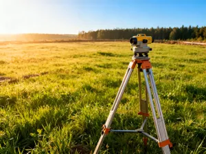 Projekt architektoniczny z przyborami kreślarskimi na drewnianym biurku, symbolizujący proces planowania budowy.