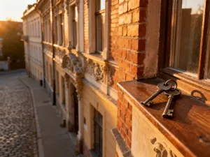 Zabytkowy dom z czerwonej cegły w otoczeniu bujnego ogrodu, prezentujący architekturę poniemiecką w porannym świetle.