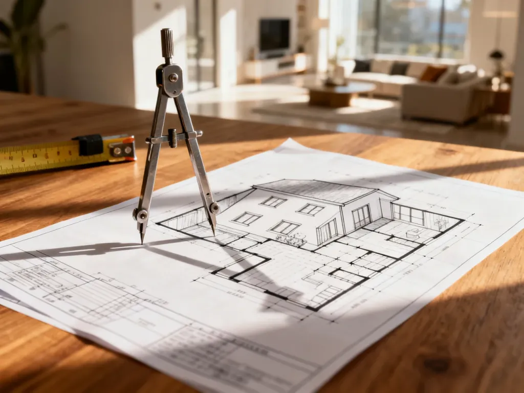 Projekt architektoniczny wnętrza szeregowca rozłożony na drewnianym stole z przyborami kreślarskimi.