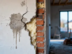 Plany architektoniczne rozłożone na stole na tle budowy nowoczesnego domu.