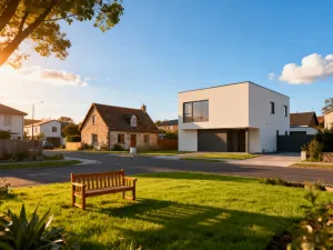 Wizualizacja nowoczesnego domu w budowie z planami architektonicznymi, miarką i ołówkiem na pierwszym planie.