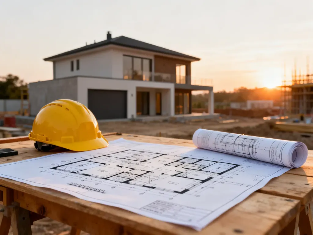 Profesjonalny projekt architektoniczny domu jednorodzinnego z kaskiem budowlanym i pozwoleniem na budowę na stole.