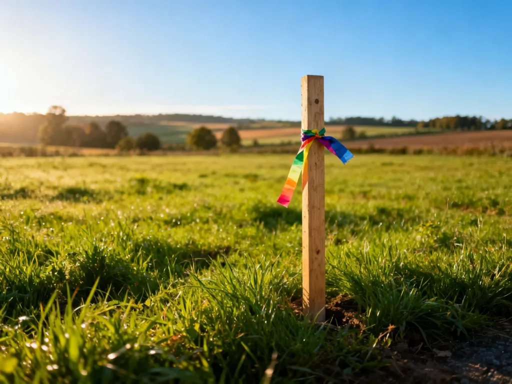 Pusta działka rolna z palikiem geodezyjnym na tle malowniczego krajobrazu, przygotowana pod przyszłą inwestycję budowlaną.