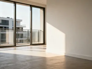 Plany architektoniczne, klucz i narzędzia kreślarskie na tle zestawienia nowoczesnego domu oraz starego muru do remontu.
