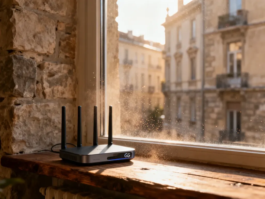 Nowoczesny router 5G na drewnianym parapecie w kamienicy, zapewniający bezprzewodowy dostęp do internetu.