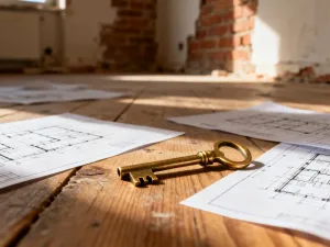 Świeżo wylana betonowa płyta fundamentowa na placu budowy w świetle zachodzącego słońca.