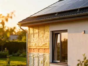 Nowoczesny dom pasywny z panelami słonecznymi i dużymi przeszkleniami, prezentujący energooszczędną architekturę.
