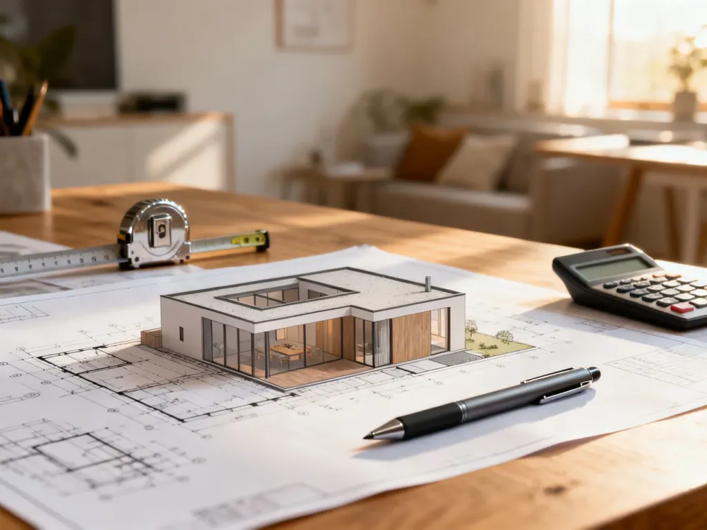 Plany architektoniczne rozbudowy domu z przyborami pomiarowymi i kalkulatorem na drewnianym stole.