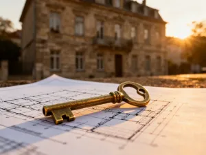 Tablet z wykresami finansowymi i planami architektonicznymi na tle remontowanego salonu, obrazujący proces planowania kredytu.