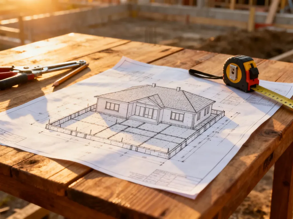 Projekt fundamentów domu na drewnianym stole wraz z narzędziami pomiarowymi na tle placu budowy.