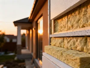 Wizualizacja nowoczesnego domu w budowie z planami architektonicznymi, miarką i ołówkiem na pierwszym planie.