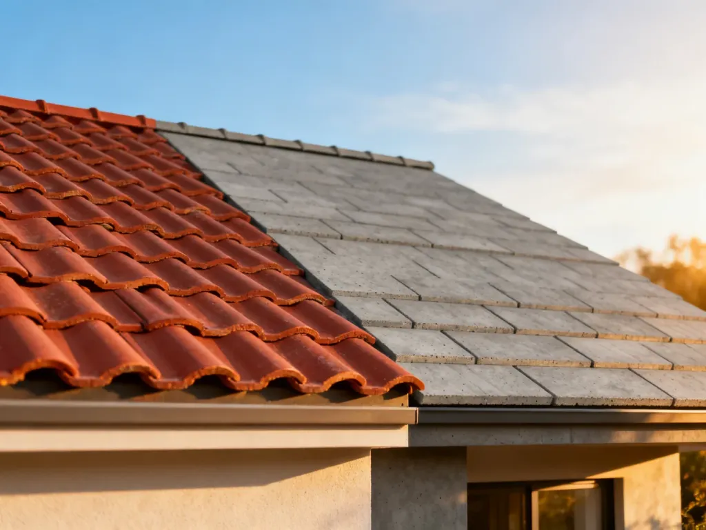 Porównanie tekstury i koloru czerwonej dachówki ceramicznej oraz szarej dachówki betonowej na dachu domu.