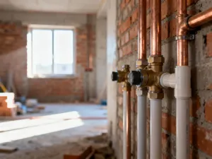 Projekt architektoniczny domu na biurku z okularami i długopisem, w tle widoczna budowa w trakcie realizacji.