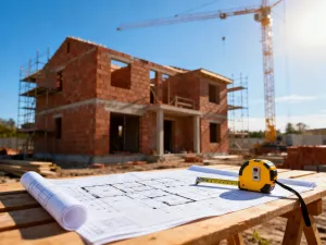Plany architektoniczne nowoczesnego domu z makietą i przyborami kreślarskimi na tle placu budowy.