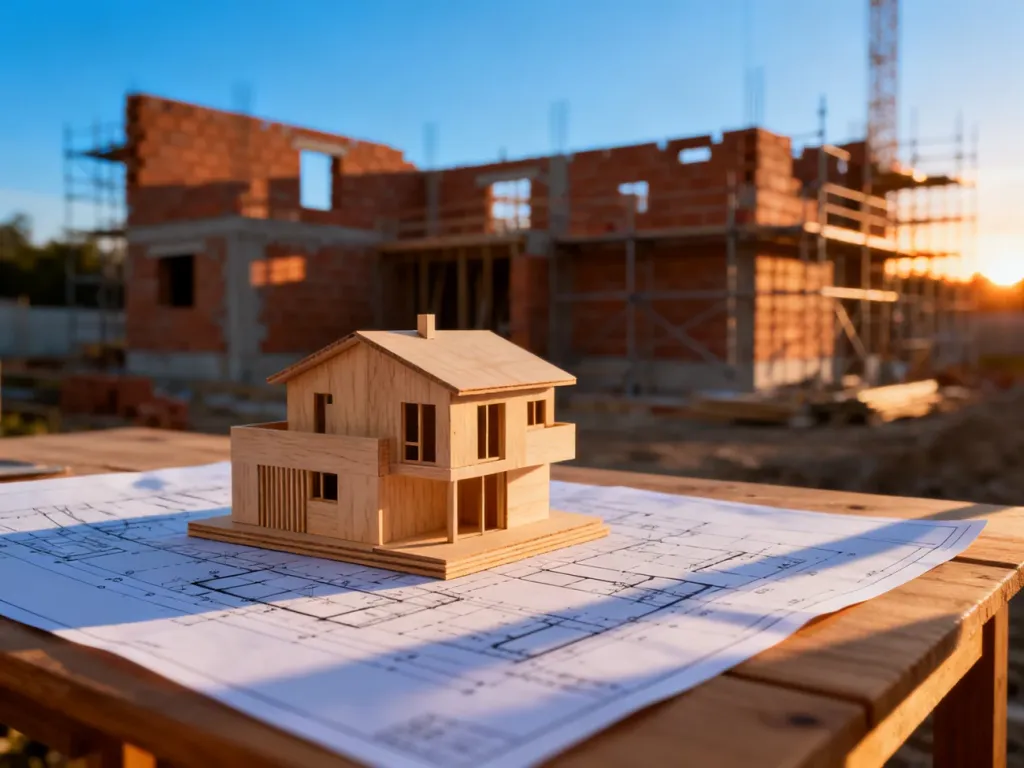 Drewniany model nowoczesnego domu na planach architektonicznych na tle budowy w trakcie realizacji.