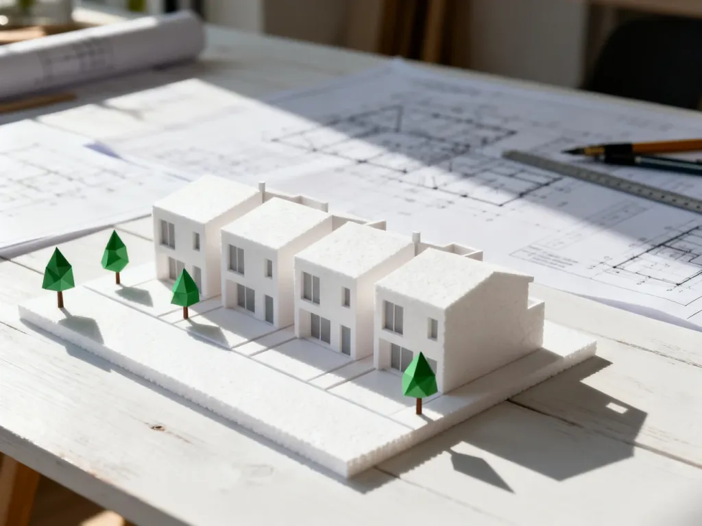 Makieta architektoniczna nowoczesnego szeregowca z elementami zieleni na tle planów budowlanych.