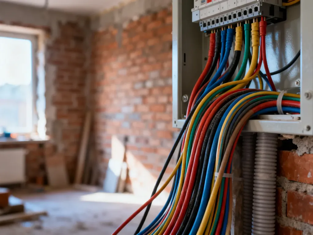 Profesjonalnie wykonana instalacja elektryczna z przewodami wychodzącymi z rozdzielnicy w domu w trakcie budowy.