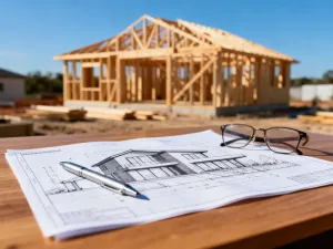 Makieta architektoniczna nowoczesnego szeregowca z elementami zieleni na tle planów budowlanych.