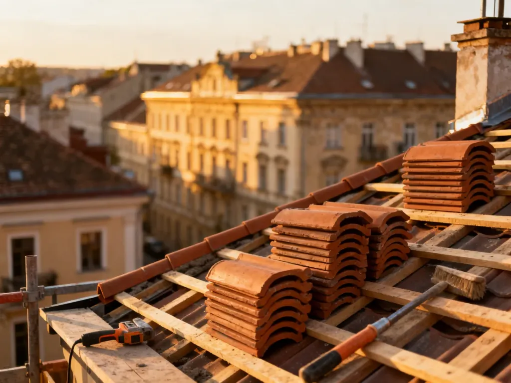 Nowe dachówki i narzędzia budowlane na dachu remontowanej kamienicy podczas zachodu słońca.