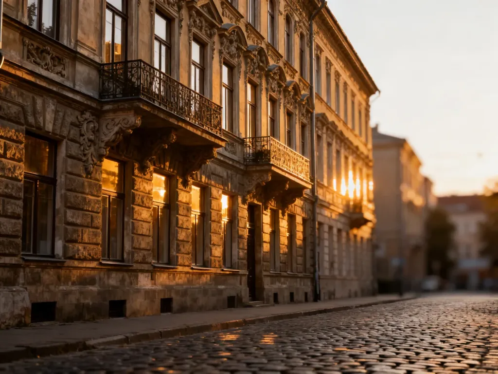 Zabytkowa kamienica czynszowa z XIX wieku w świetle zachodzącego słońca, podkreślająca detale architektoniczne fasady.