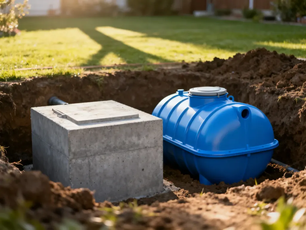 Porównanie betonowego i plastikowego zbiornika na nieczystości umieszczonych obok siebie w ogrodzie.