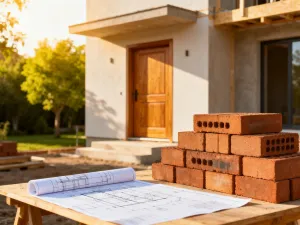 Wizualizacja nowoczesnego domu w budowie z planami architektonicznymi, miarką i ołówkiem na pierwszym planie.