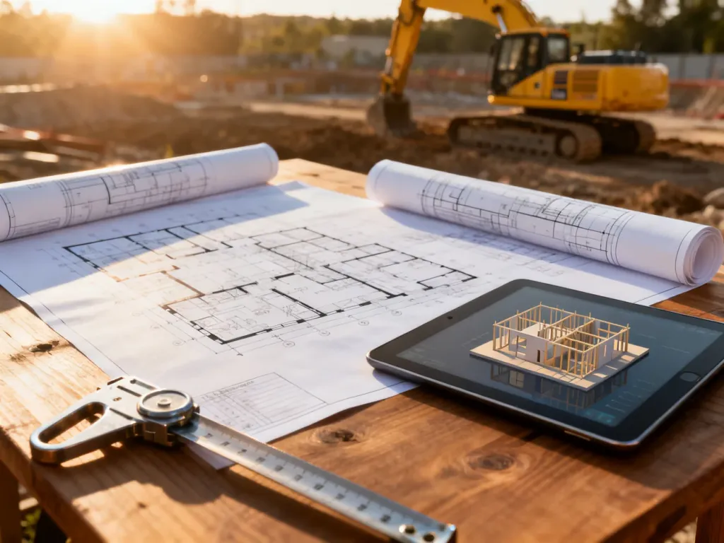 Plany architektoniczne, miarka i tablet z modelem 3D na tle placu budowy. Ilustracja przygotowań do inwestycji.