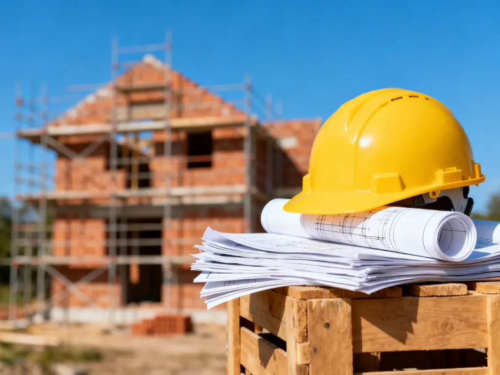 Plany architektoniczne i kask ochronny na tle budowanego domu, symbolizujące znaczenie profesjonalnego projektu budowy.