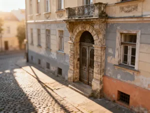 Wnętrze mieszkania w suterenie z małym oknem przy suficie, ukazujące surowy klimat i ograniczony dostęp do światła dziennego.